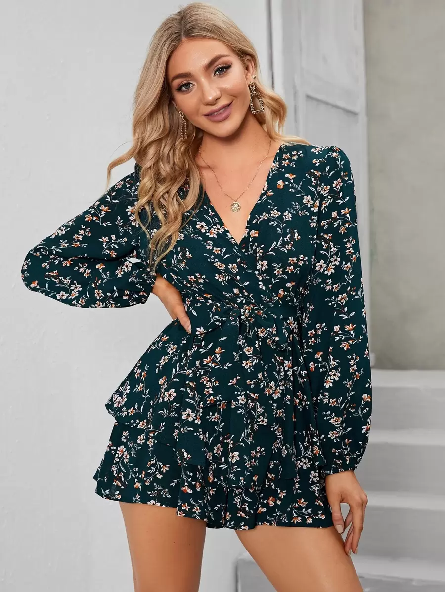 Chiquease Áo liền quần Thắt lưng Xù Trọn gói Họa tiết hoa Boho - Màu xanh lá cây đậm - Xem 1