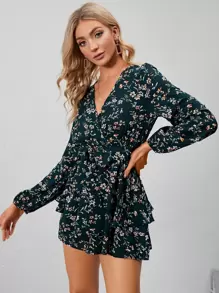 Chiquease Áo liền quần Thắt lưng Xù Trọn gói Họa tiết hoa Boho - Màu xanh lá cây đậm - Xem 5