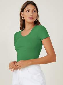 SHEIN BASICS Cap Sleeve Fitted Tee - Green - View 3