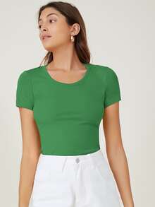 SHEIN BASICS Cap Sleeve Fitted Tee - Green - View 5