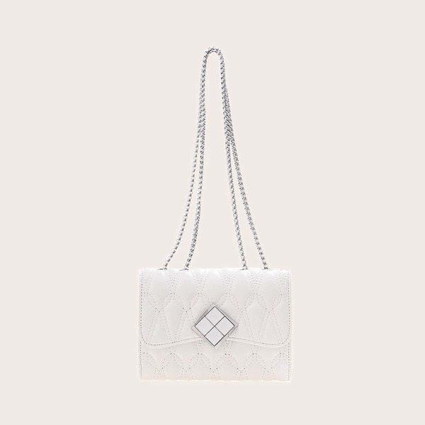 

Metal Decor Quilted Chain Bag, White