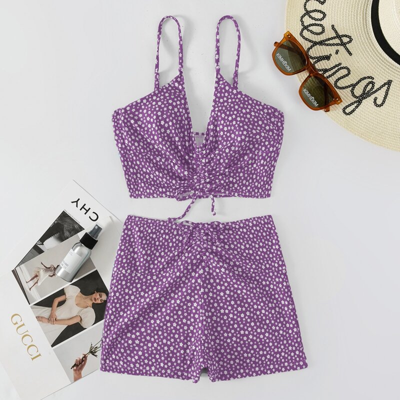 

Ditsy Floral Drawstring Front Shorts Bikini Swimsuit, Purple