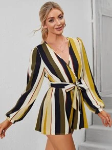 Striped Print Belted Jumpsuit - Multicolor - View 1