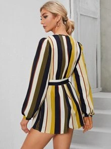 Striped Print Belted Jumpsuit - Multicolor - View 2