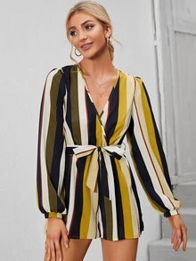 Striped Print Belted Jumpsuit - Multicolor - View 3