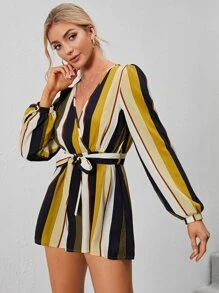 Striped Print Belted Jumpsuit - Multicolor - View 5