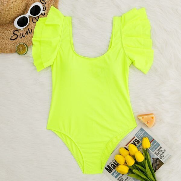 

Ruffle Sleeve One Piece Swimsuit, Lime green