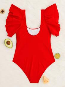 SHEIN Swim Ruffle Sleeve One Piece Swimsuit, For Summer Beach Vacation - Red - View 2