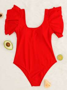 SHEIN Swim Ruffle Sleeve One Piece Swimsuit, For Summer Beach Vacation - Red - View 5