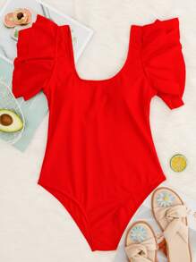 SHEIN Swim Ruffle Sleeve One Piece Swimsuit, For Summer Beach Vacation - Red - View 7