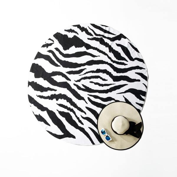 

Zebra Striped Round Beach Blanket, Black and white