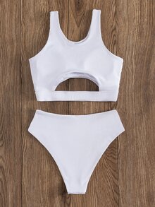 Rib Cut Out High Waisted Bikini - White - View 2