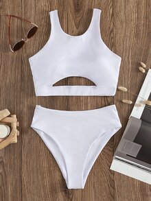 Rib Cut Out High Waisted Bikini - White - View 5
