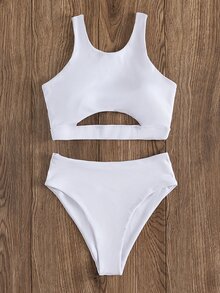 Rib Cut Out High Waisted Bikini - White - View 6