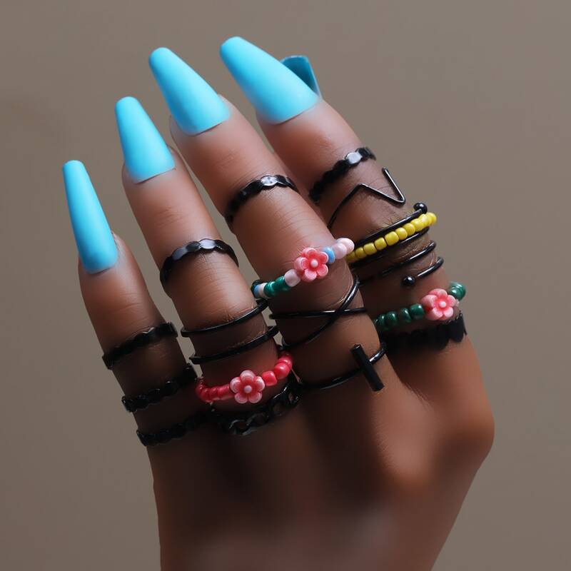 

17pcs Beaded Decor Ring, Multicolor