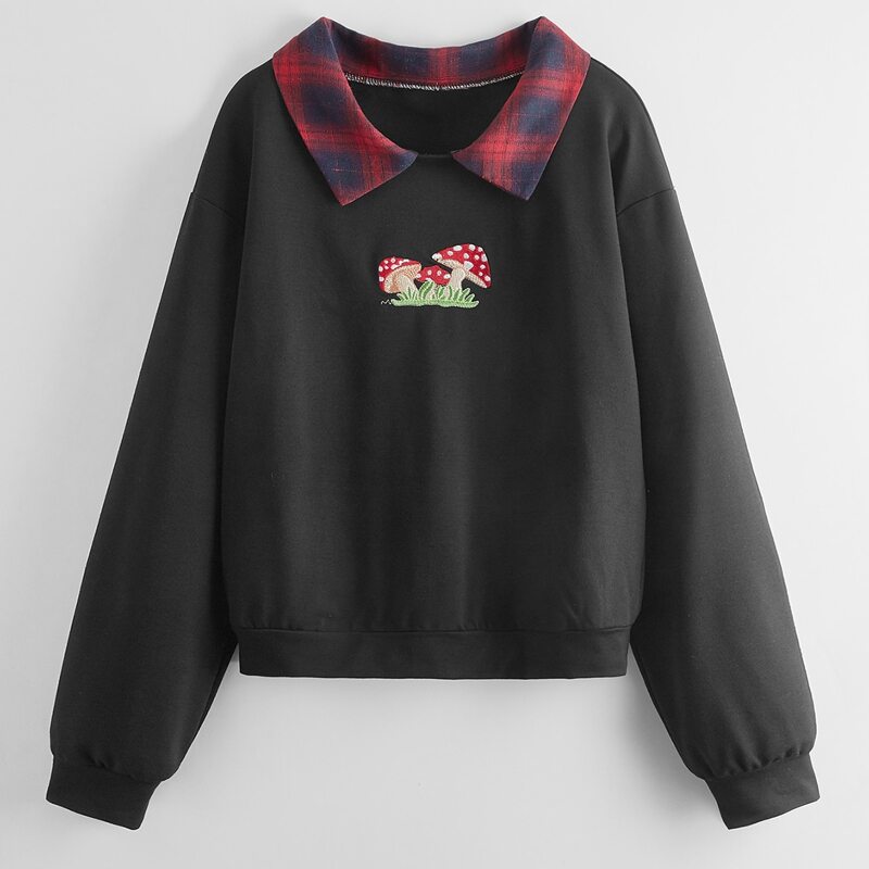 

Mushroom Embroidery Contrast Plaid-collar Crop Sweatshirt, Black