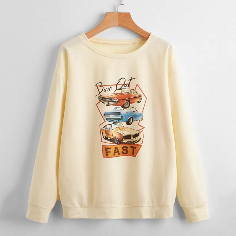 

Car & Letter Graphic Sweatshirt, Apricot