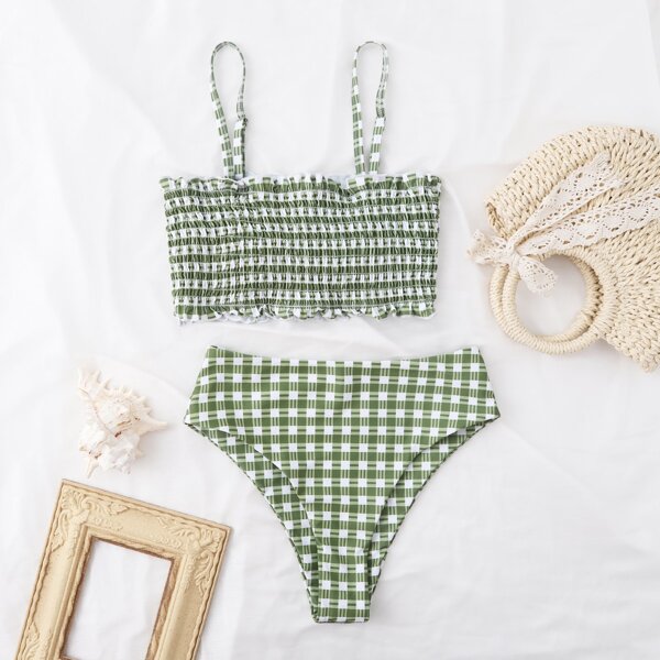 

Gingham Frill Trim High Waisted Bikini Swimsuit, Green