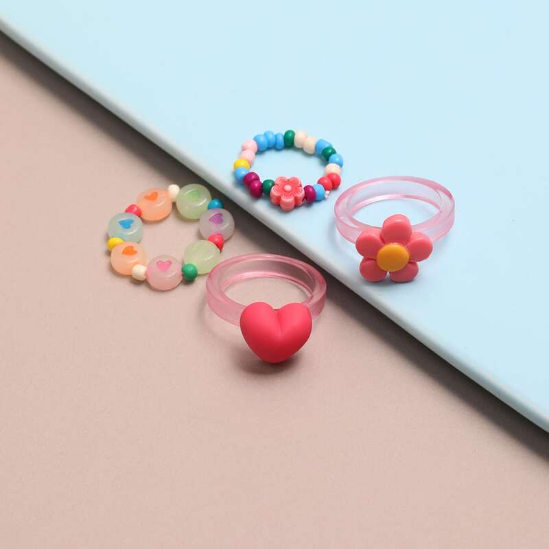 

4pcs Flower & Heart Ring, Multicolor