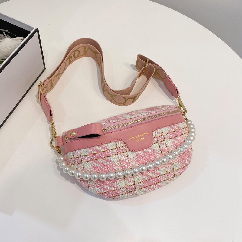 

Faux Pearl Decor Tweed Satchel Bag, Baby pink