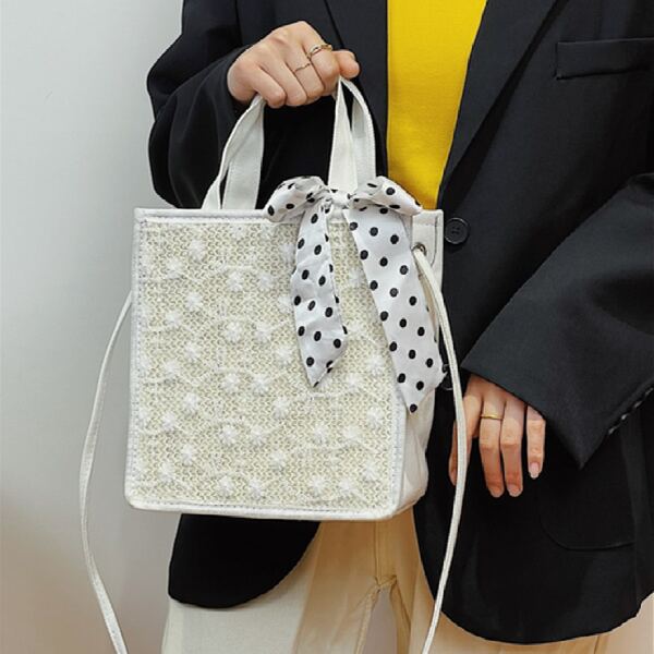 

Polka Dot Scarf Bow Decor Floral Appliques Square Bag, Beige