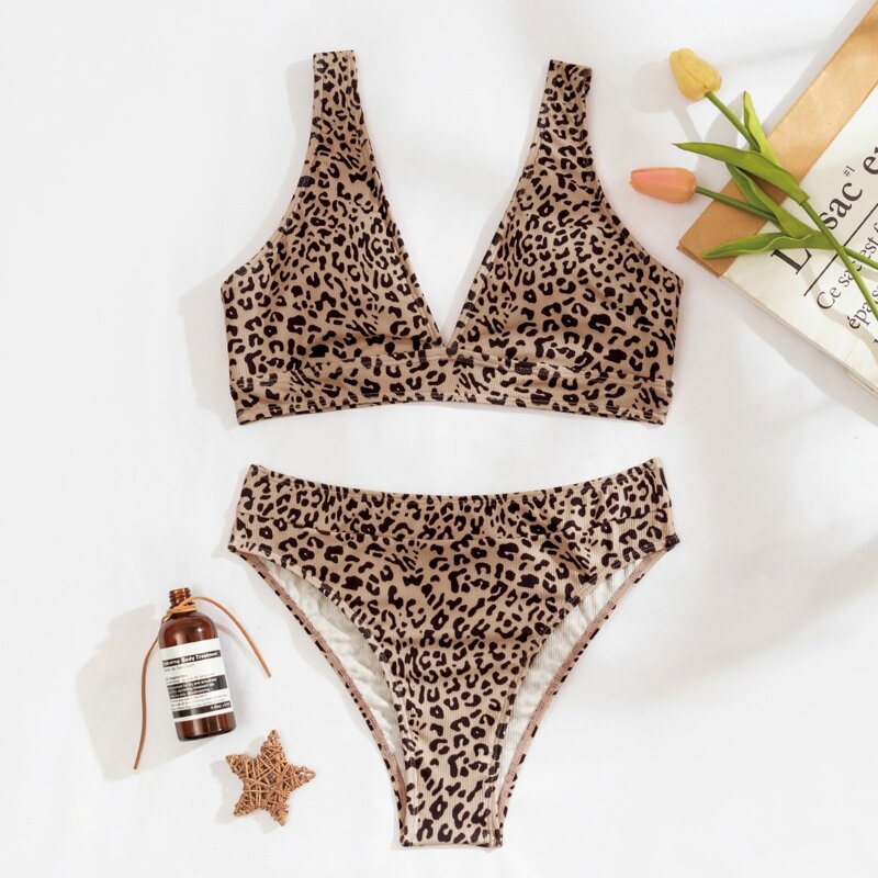 

Leopard V Neck Bikini Swimsuit, Multicolor