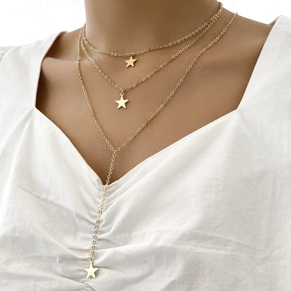 

2pcs Star Pendant Layered Necklace, Gold