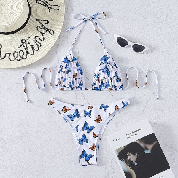 

Butterfly Print Tiered Layer Halter Bikini Swimsuit, Multicolor