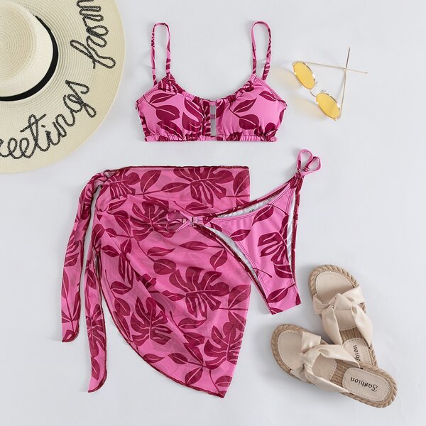 

3pack Tropical Print Bikini Swimsuit With Cover Up, Hot pink