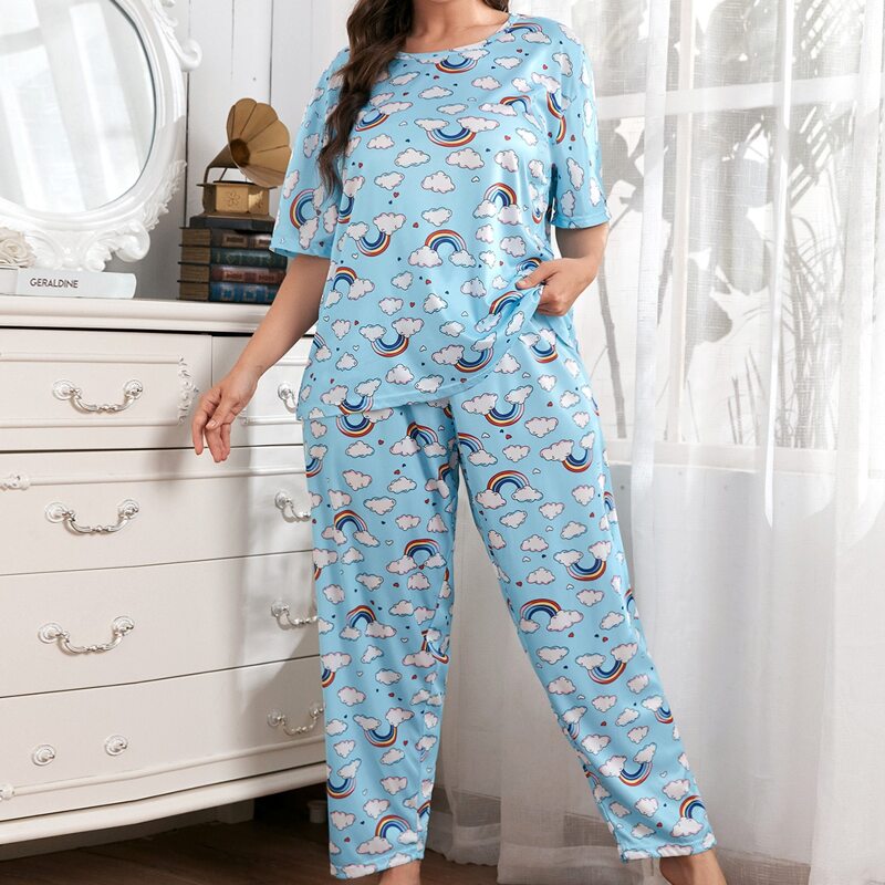 

Plus Clouds And Rainbow Print PJ Set & Eye Mask, Baby blue