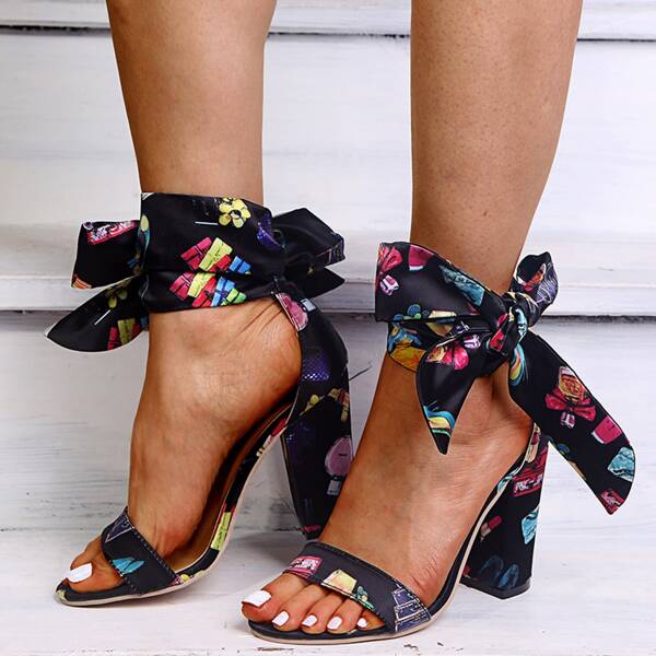 

Open Toe Tie Side Chunky Heeled Sandals, Black