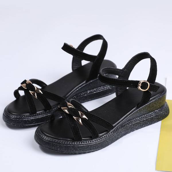 

Metal Decor Leather Flatform Sandals, Black