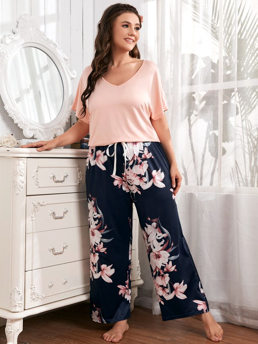 休閒花卉印花大碼家居服套裝 - 彩色 - 查看 1