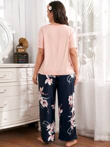 休閒花卉印花大碼家居服套裝 - 彩色 - 查看 2