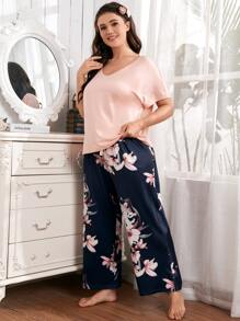 休閒花卉印花大碼家居服套裝 - 彩色 - 查看 3