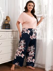 休閒花卉印花大碼家居服套裝 - 彩色 - 查看 4