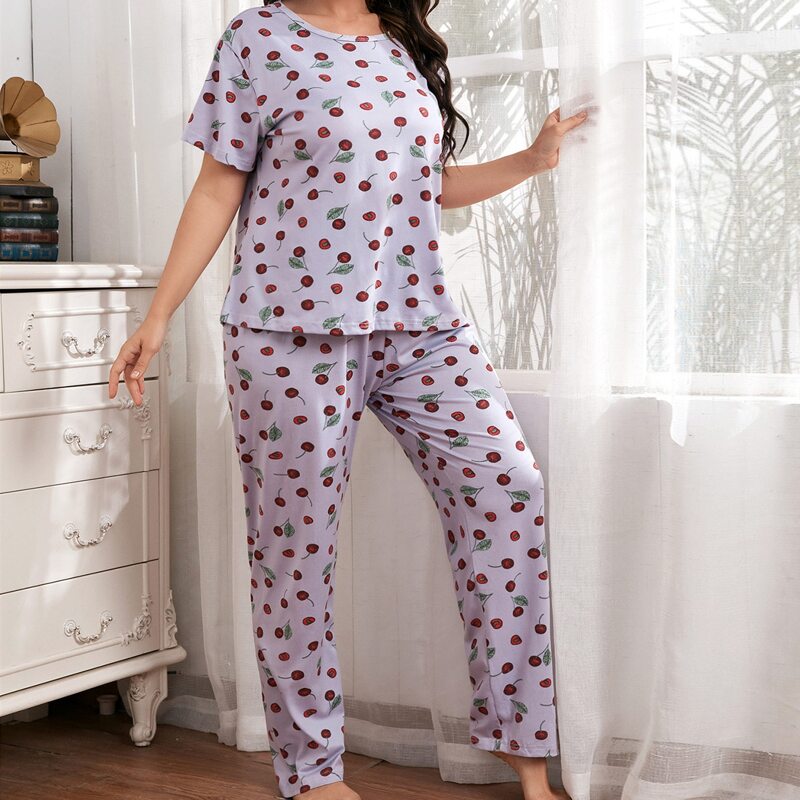 

Plus Cherry Print PJ Set With Eye Mask, Mauve purple