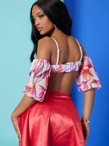 SHEIN BAE 印花挖肩泡泡袖短款上衣 - 彩色 - 查看 2