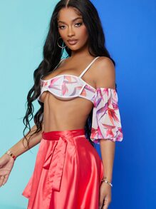 SHEIN BAE 印花挖肩泡泡袖短款上衣 - 彩色 - 查看 3