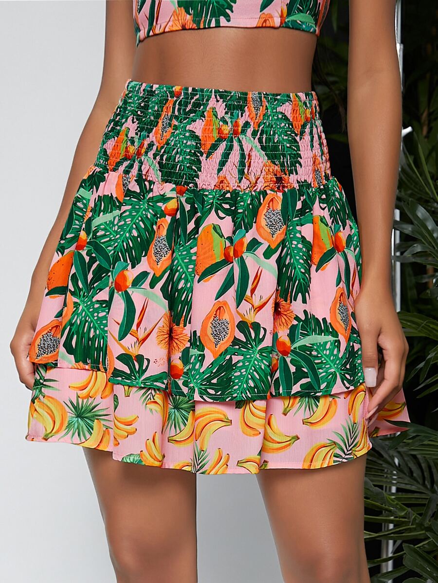 SHEIN Falda mini con fruncido smock con estampado de fruta - Multicolor - Ver 1