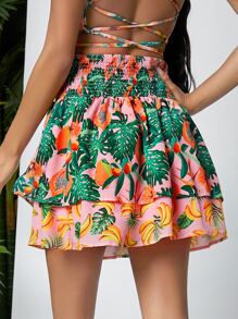 SHEIN Falda mini con fruncido smock con estampado de fruta - Multicolor - Ver 2
