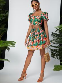 SHEIN Falda mini con fruncido smock con estampado de fruta - Multicolor - Ver 3