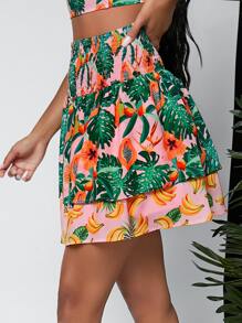 SHEIN Falda mini con fruncido smock con estampado de fruta - Multicolor - Ver 4