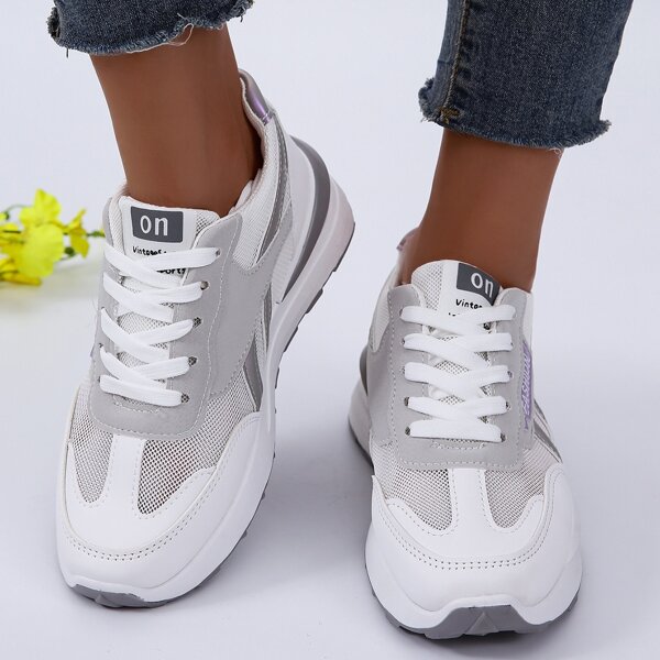

Letter Graphic Mesh Panel Chunky Sneakers, Grey