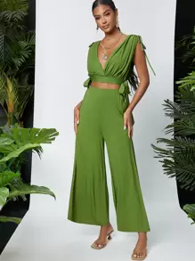 SHEIN 深V系帶短款上衣和闊腿褲套裝 - 綠色 - 查看 1