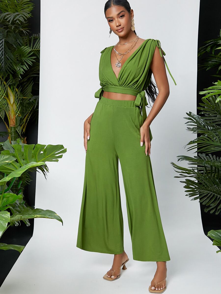 SHEIN 深V系帶短款上衣和闊腿褲套裝 - 綠色 - 查看 1