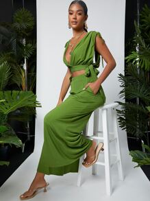 SHEIN 深V系帶短款上衣和闊腿褲套裝 - 綠色 - 查看 3