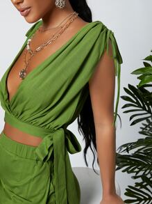 SHEIN 深V系帶短款上衣和闊腿褲套裝 - 綠色 - 查看 4