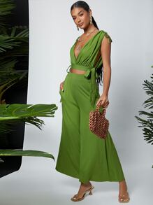 SHEIN 深V系帶短款上衣和闊腿褲套裝 - 綠色 - 查看 5