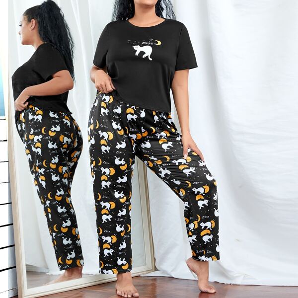 

Plus Cat & Moon Print Tee & Pants PJ Set, Black